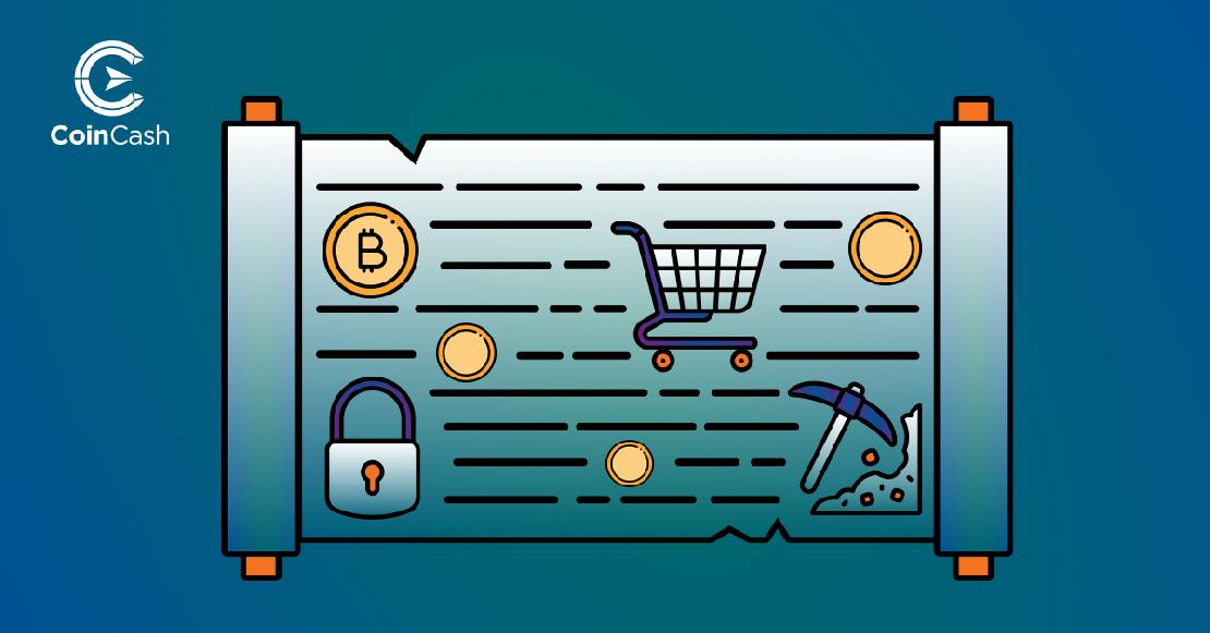 Bányász csákány, bevásárló kocsi, Bitcoin érme és egy lakat egy irat tekercsen